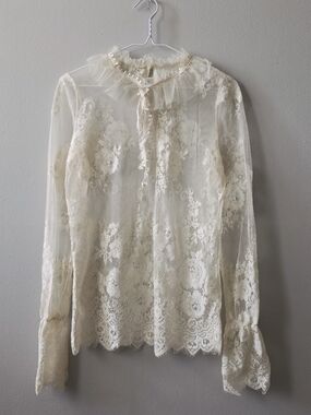 Y2k Vintage Sheer Lace Ruffle-Neck Blouse - Cream